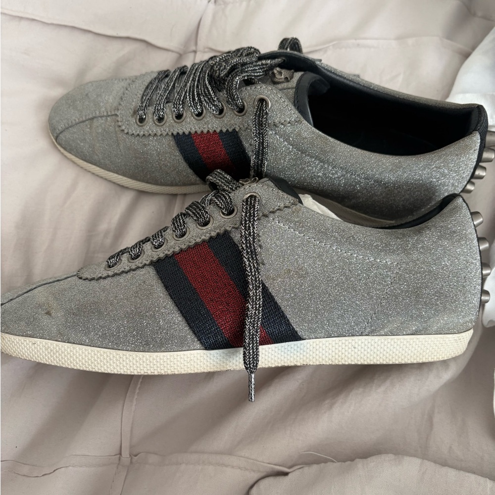Gucci Silver Glitter Sneakers with Black and Red Accents